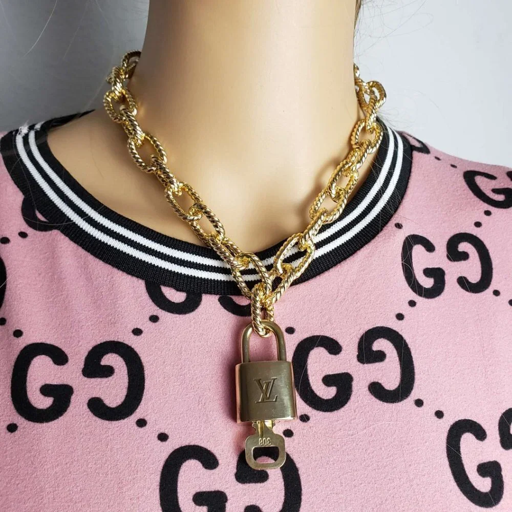 Authentic Louis Vuitton Lock and Key Gold Color with Gold Plated Chain Necklace